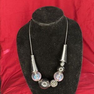 Geometric Bold Retro Vintage Silvertone, Rhinestone and Glass Beaded Necklace!